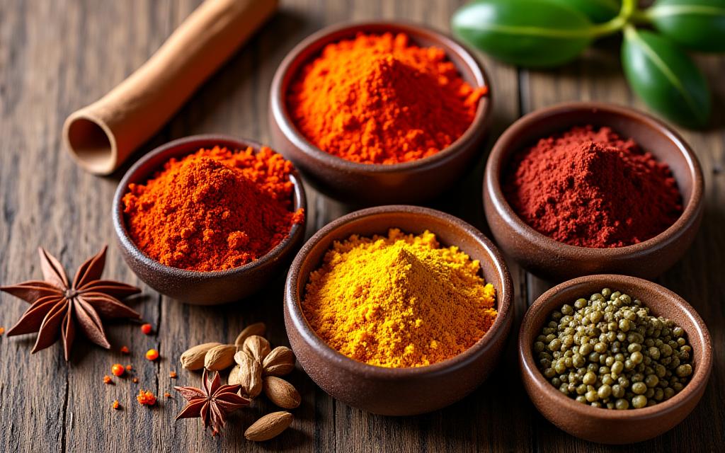 A vibrant collection of ethnic spices and specialty ingredients in ceramic bowls